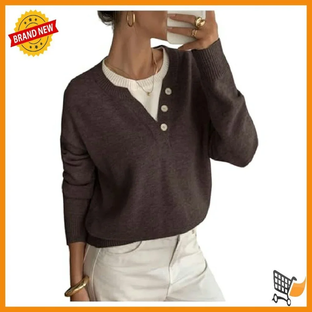Women's Button Up V Neck Sweater Color Block Pullover Long Sleeve Cozy